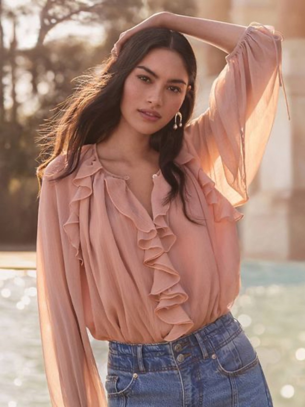 NWT Loft Chiffon Ruffle Tie Cuff Blouse in Dusty Rose - Size XS